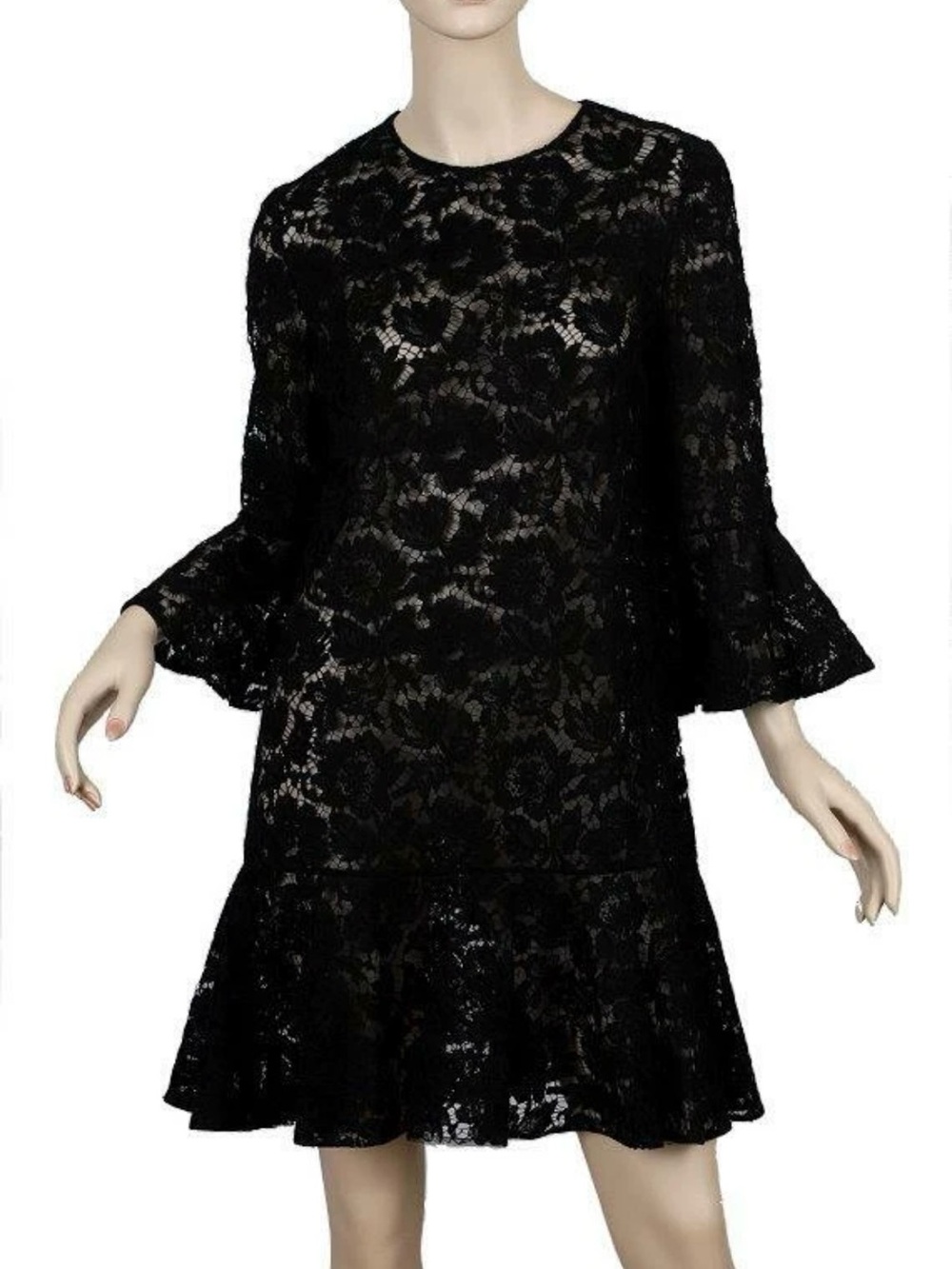 NEW VALENTINO BLACK GUIPURE LACE COTTON SILK FLOUNCE COCKTAIL EVE DRESS 46/12